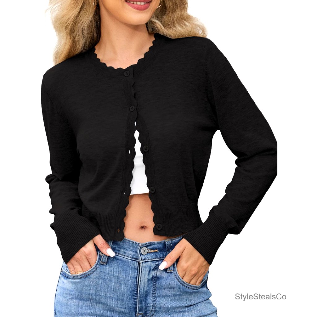Cropped Button Down Cardigan Sweater Shrug Long Sleeve Crewneck